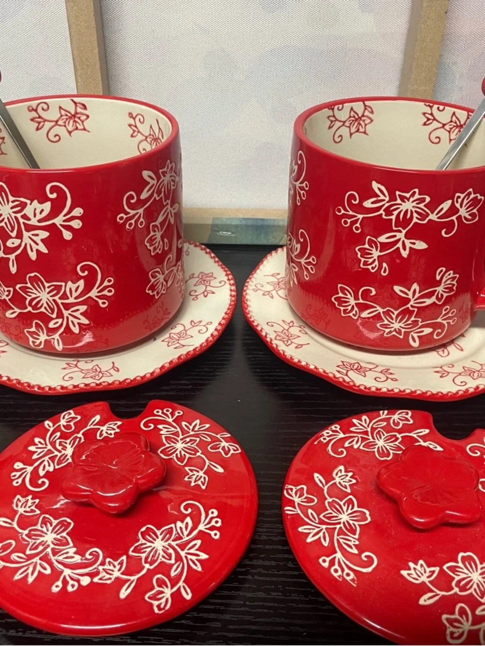 Temp-Tations Red Floral Lidded Tea Mug Set with Saucers and Spoons